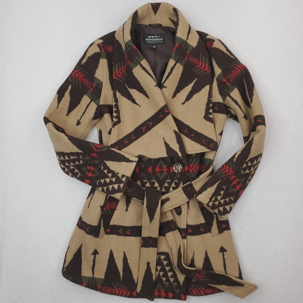 Montanaco Aztec Coat Womens Small Beige Southwestern Fleece Trench Geometric